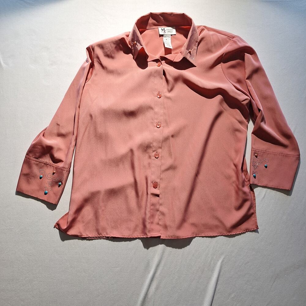Maggie Sweet Western Top Petite 1X Salmon Peach Bedazzled Prairie Retro Country